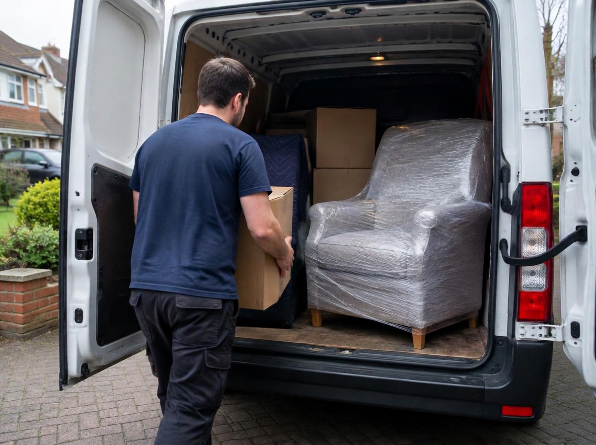 Mover loading boxes and a wrapped armchair into a van